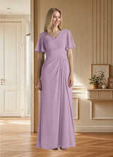 Augday Morning Glory A-Line V-Neck Ruched Chiffon Dress