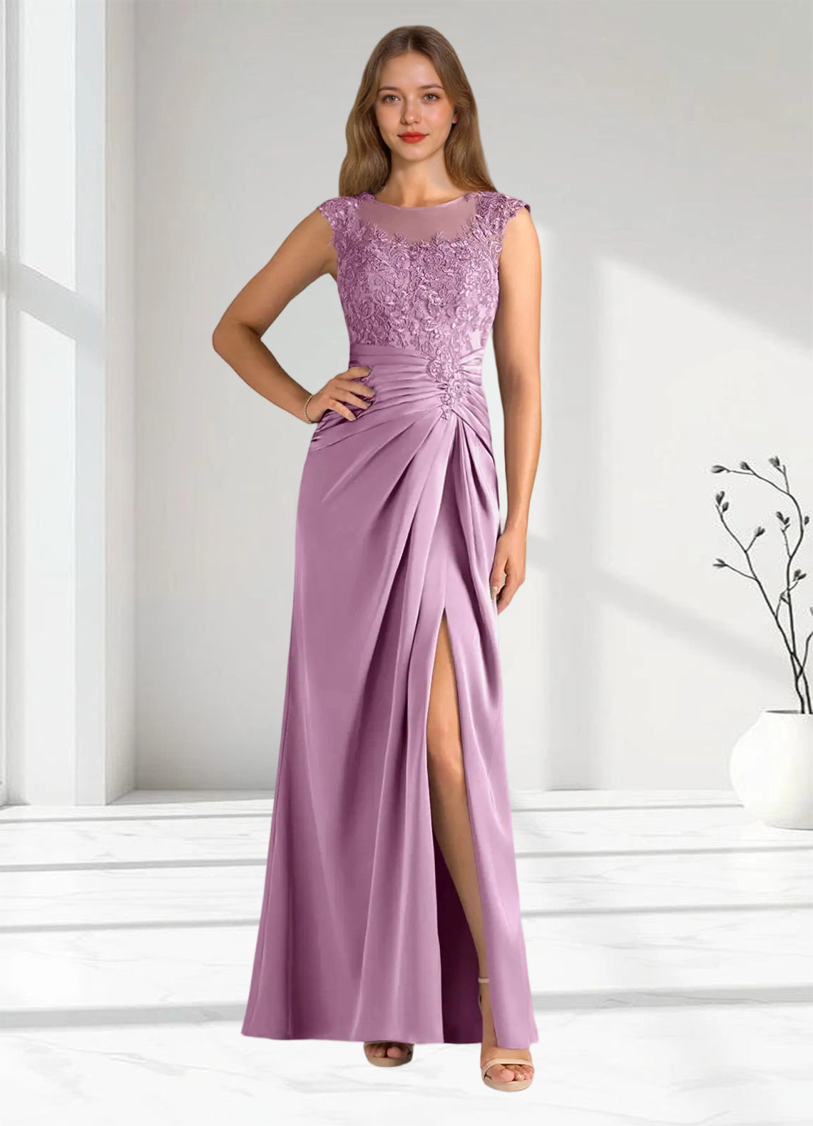 Augday Santa Barbara Sheath Pleated Stretch Satin Dress