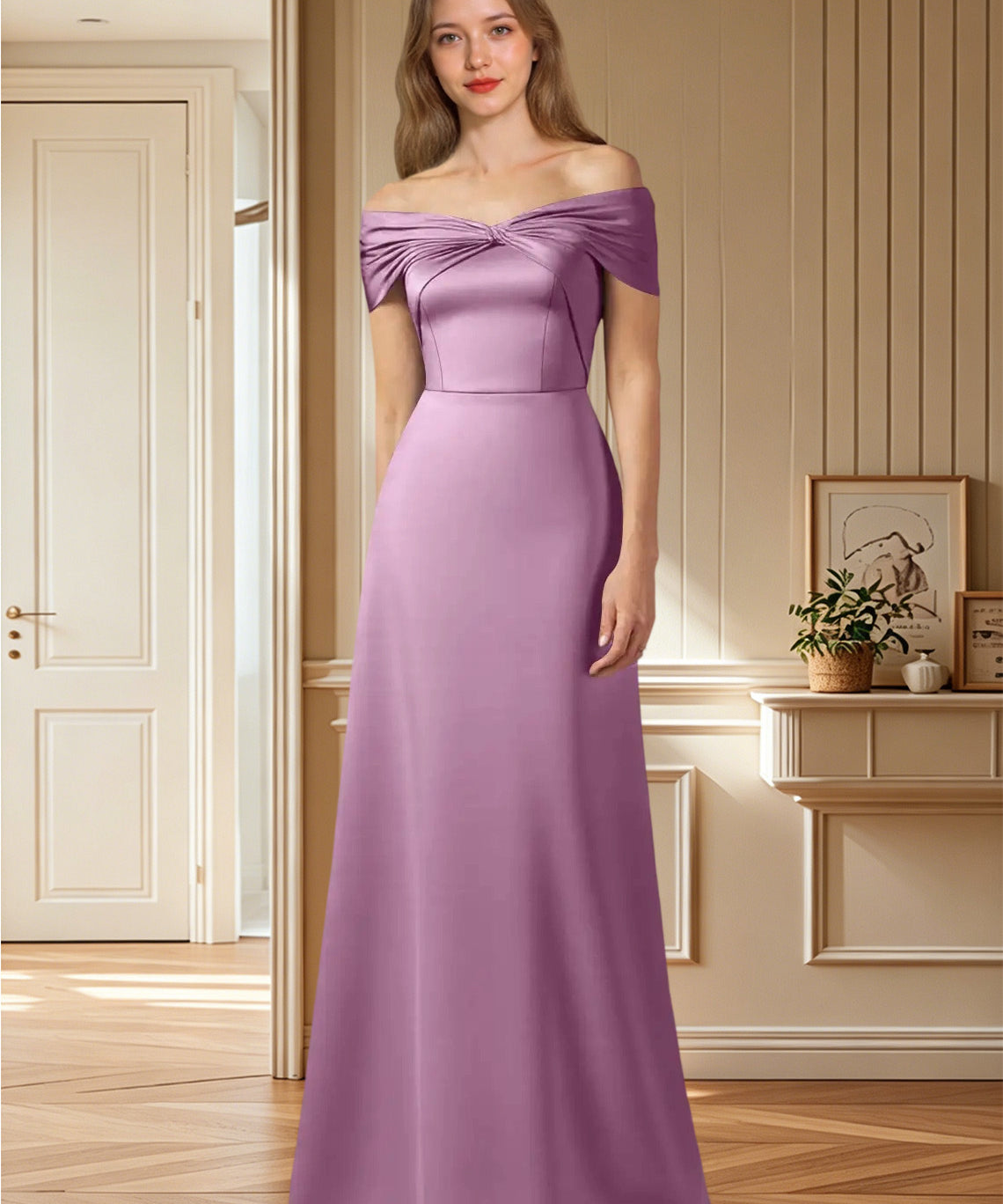 Augday Amelia A-Line Off the Shoulder Stretch Satin Dress