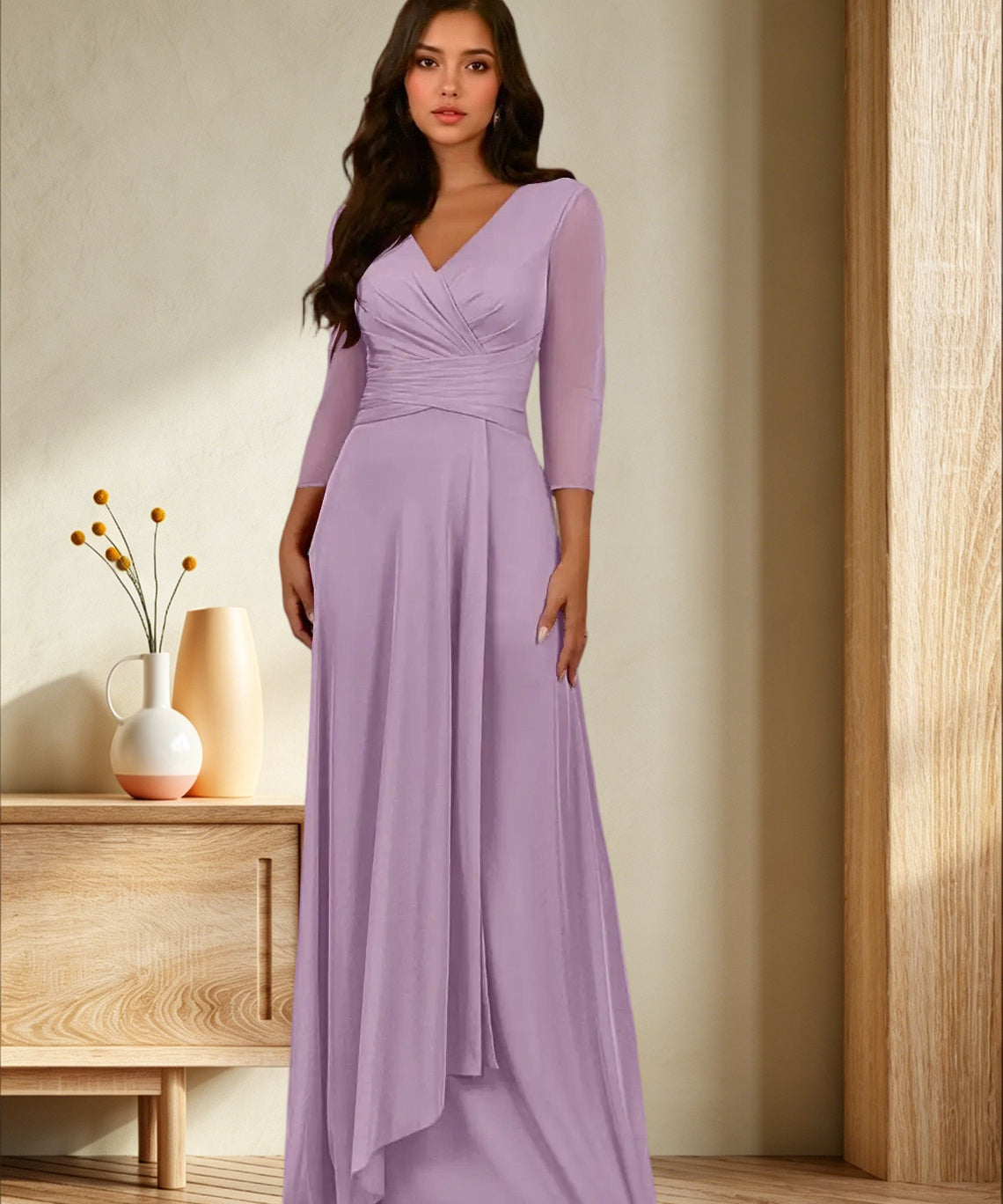 Augday Annetta A-Line V-Neck Pleated Mesh Dress