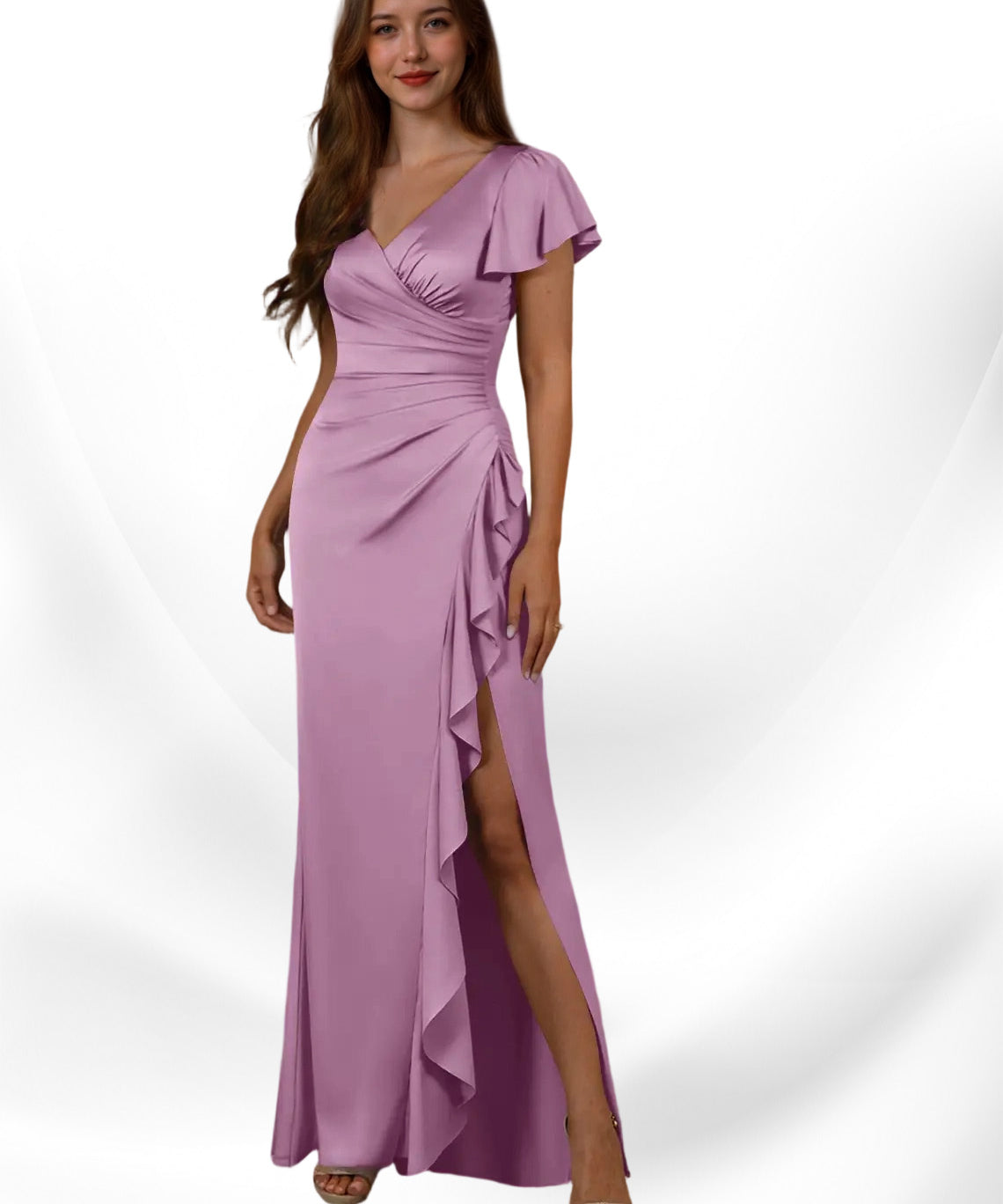 Augday Roya Mermaid V-Neck Pleated Stretch Satin