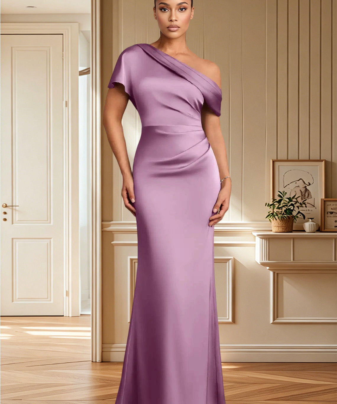 Augday Rutha Sheath One Shoulder Stretch Satin Dress