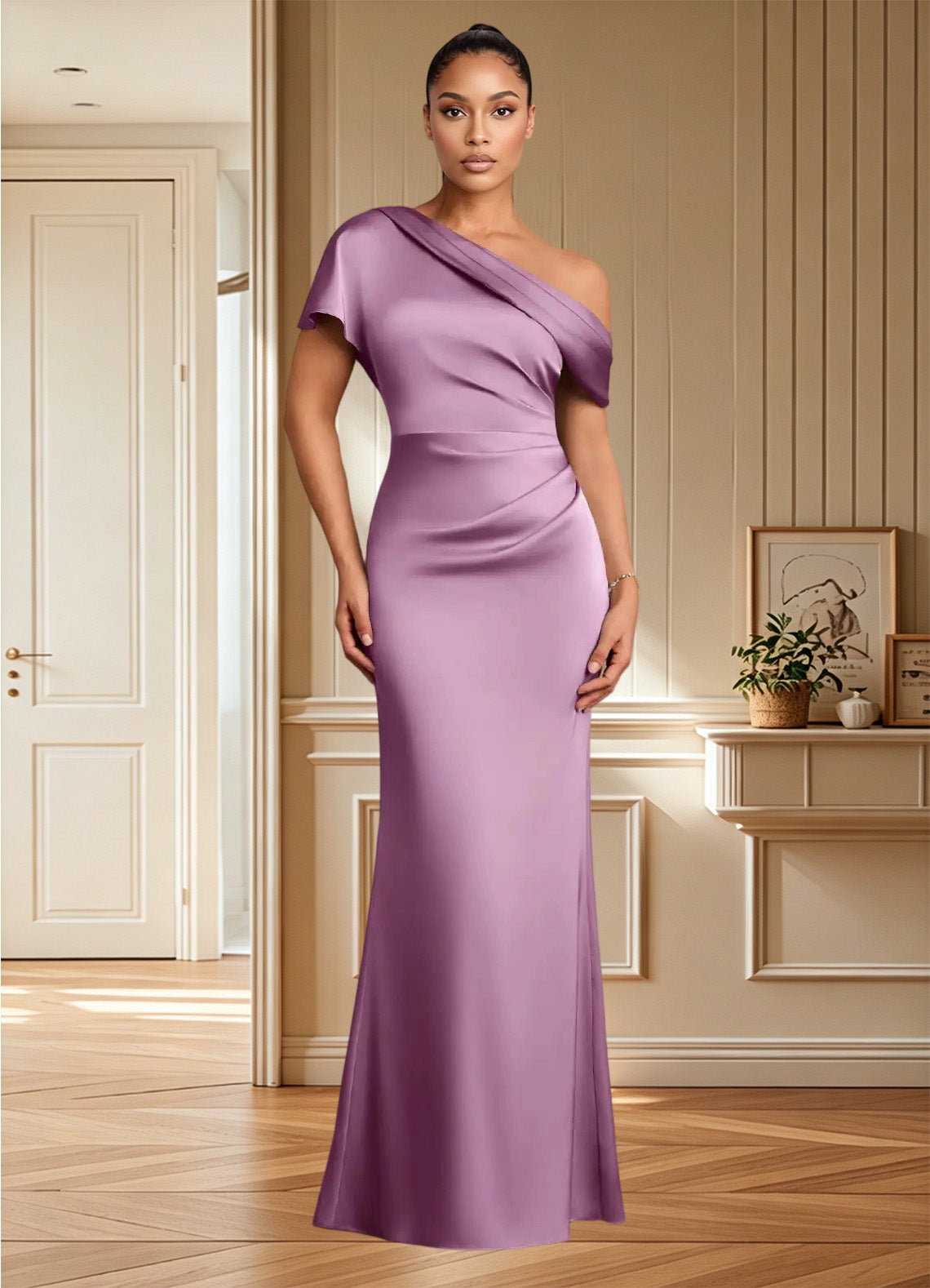 Augday Rutha Sheath One Shoulder Stretch Satin Dress
