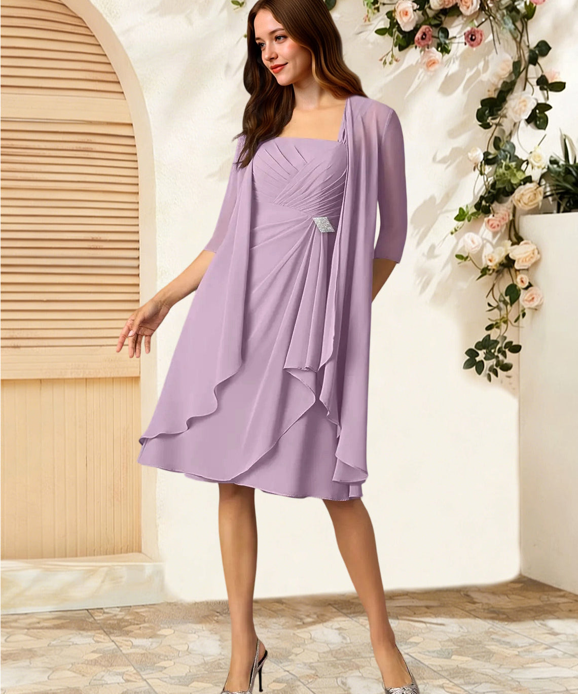 Augday Olivia A-Line Square Neckline Pleated Chiffon Dress