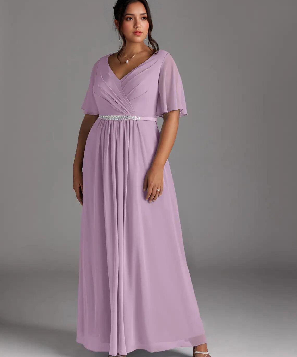 Augday A-Line V-Neck Pleated Chiffon Dress Plus Size