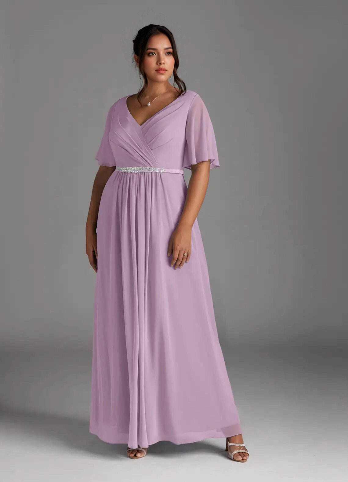 Augday A-Line V-Neck Pleated Chiffon Dress Plus Size