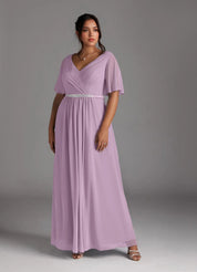 Augday A-Line V-Neck Pleated Chiffon Dress Plus Size
