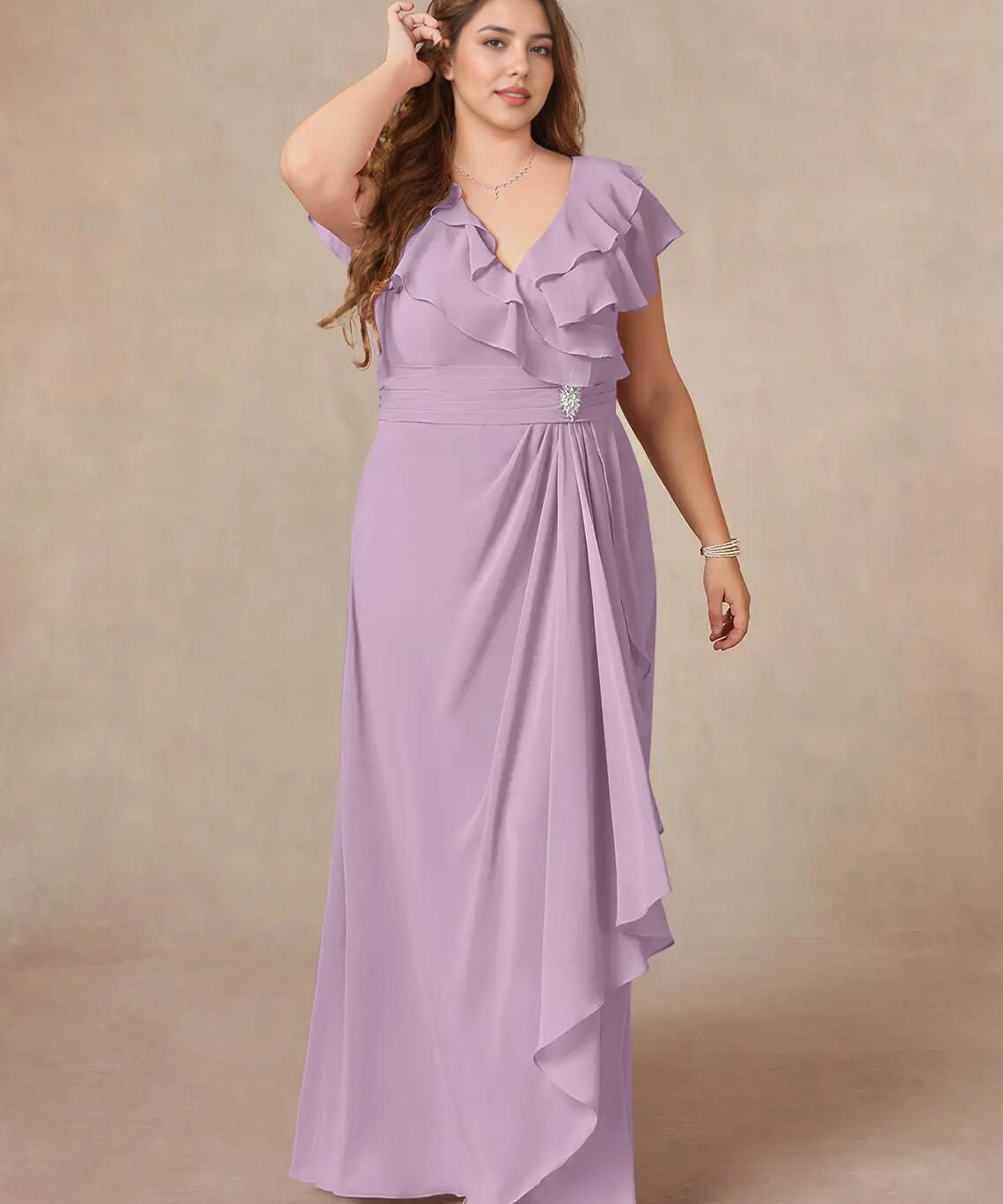 Augday A-Line V-Neck Ruched Chiffon Dress Plus Size