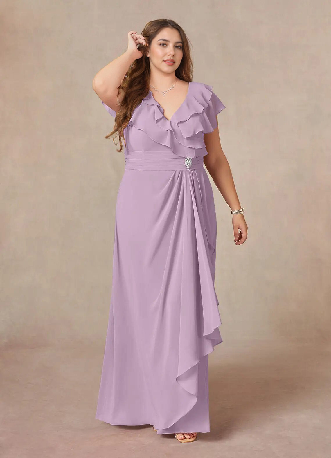 Augday A-Line V-Neck Ruched Chiffon Dress Plus Size