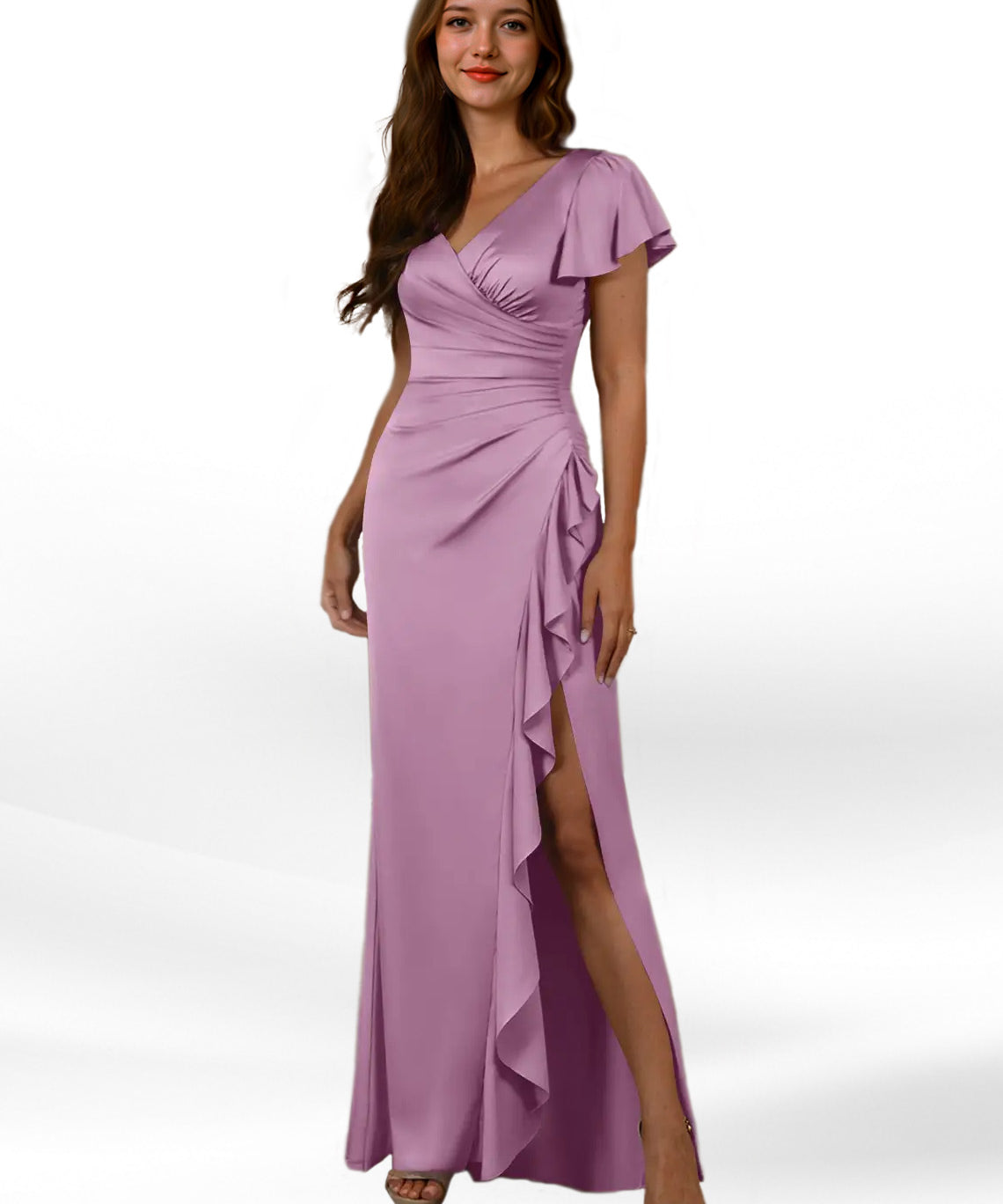 Augday Roya Mermaid V-Neck Pleated Stretch Satin Dress