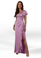 Augday Roya Mermaid V-Neck Pleated Stretch Satin Dress