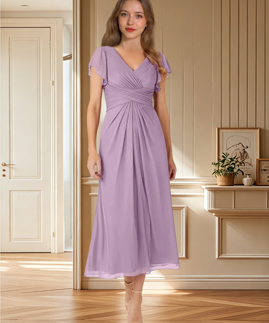 Augday Vera A-Line V-Neck Pleated Mesh Dress