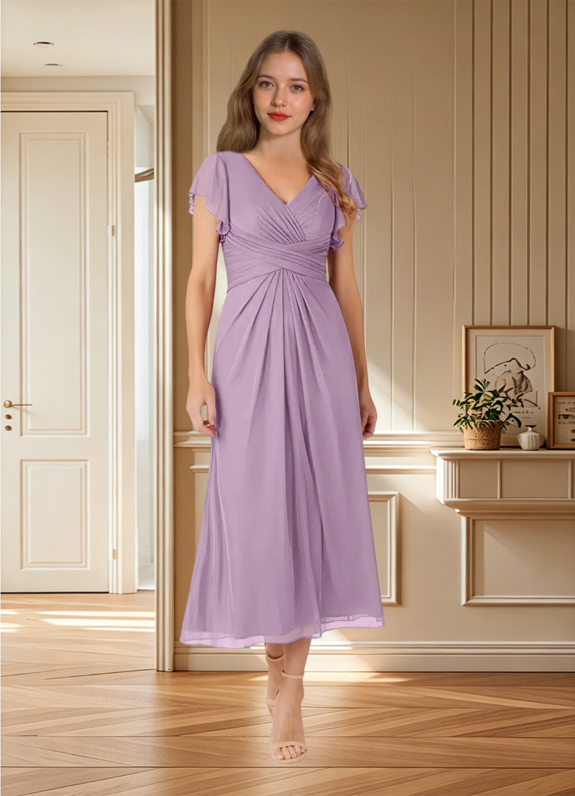 Augday Vera A-Line V-Neck Pleated Mesh Dress