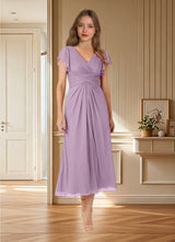 Augday Vera A-Line V-Neck Pleated Mesh Dress