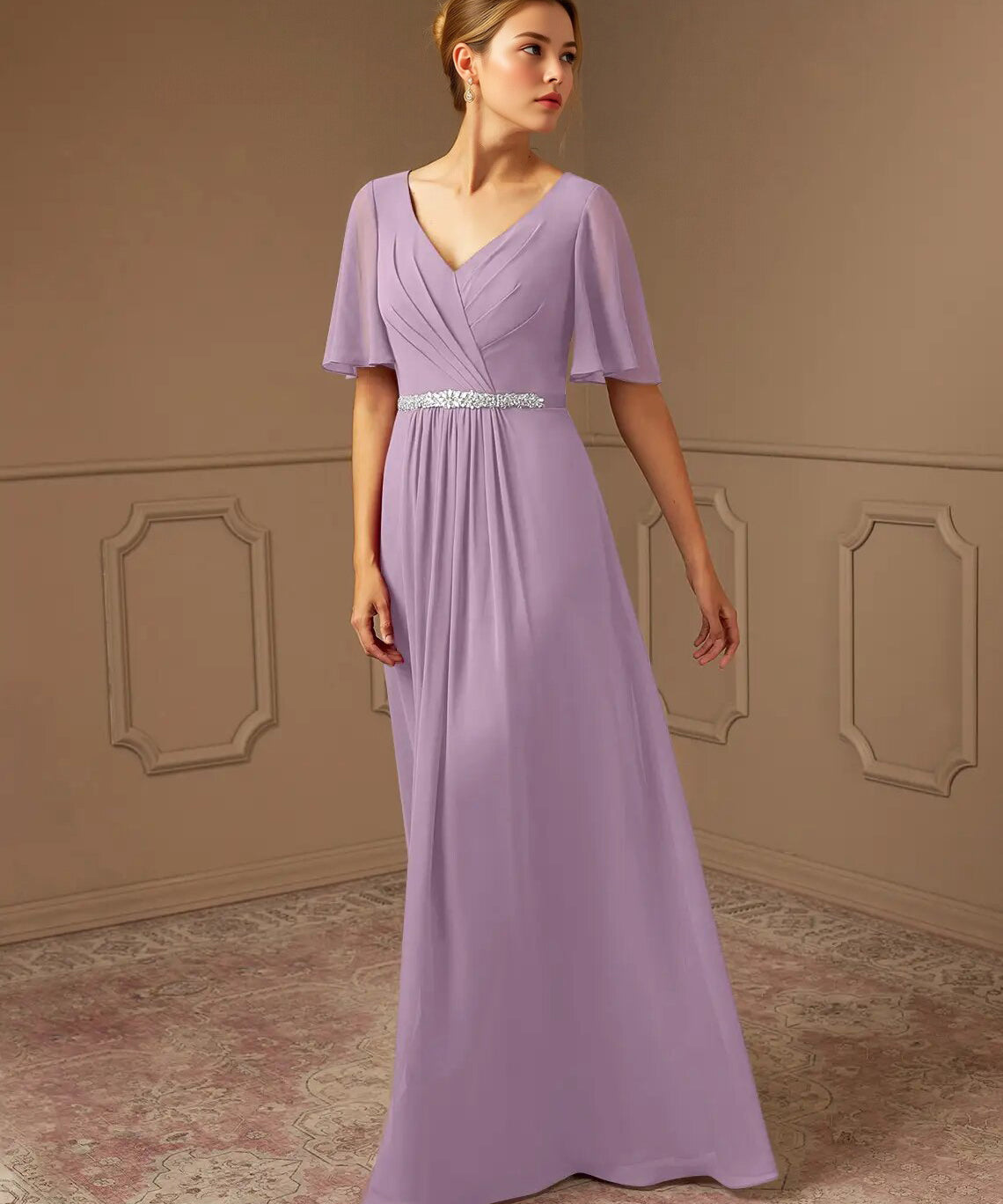 Augday A-Line V-Neck Pleated Chiffon Dress