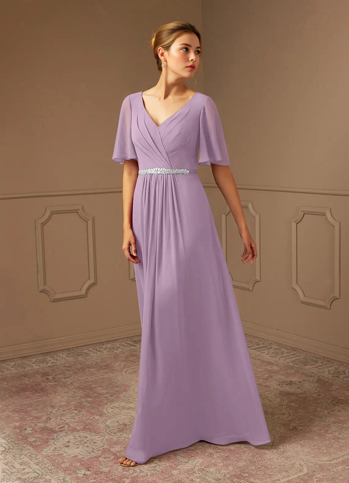 Augday A-Line V-Neck Pleated Chiffon Dress