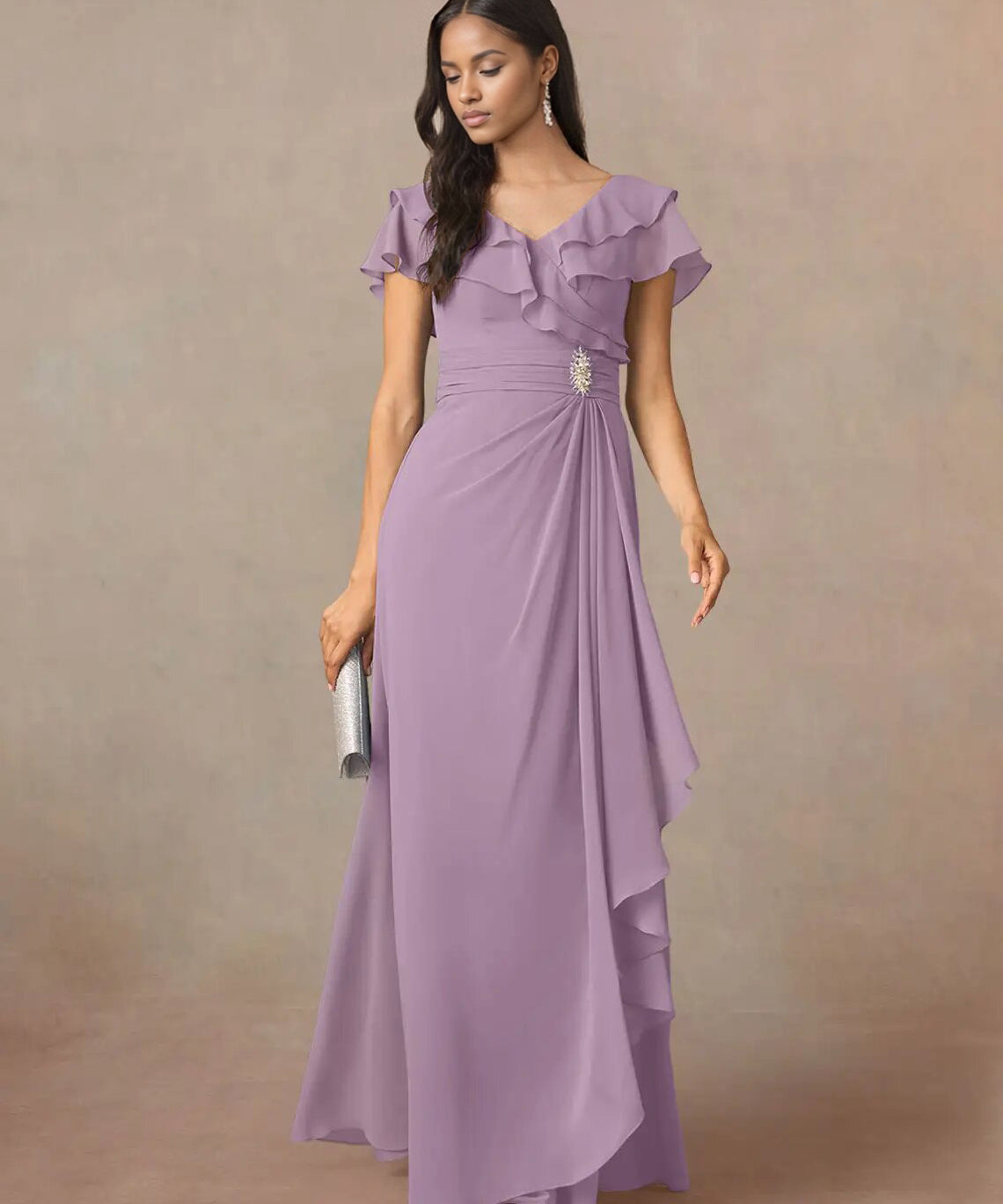Augday A-Line V-Neck Ruched Chiffon Dress