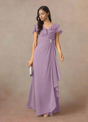 Augday A-Line V-Neck Ruched Chiffon Dress