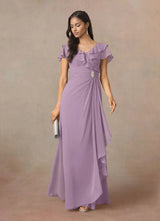 Augday A-Line V-Neck Ruched Chiffon Dress