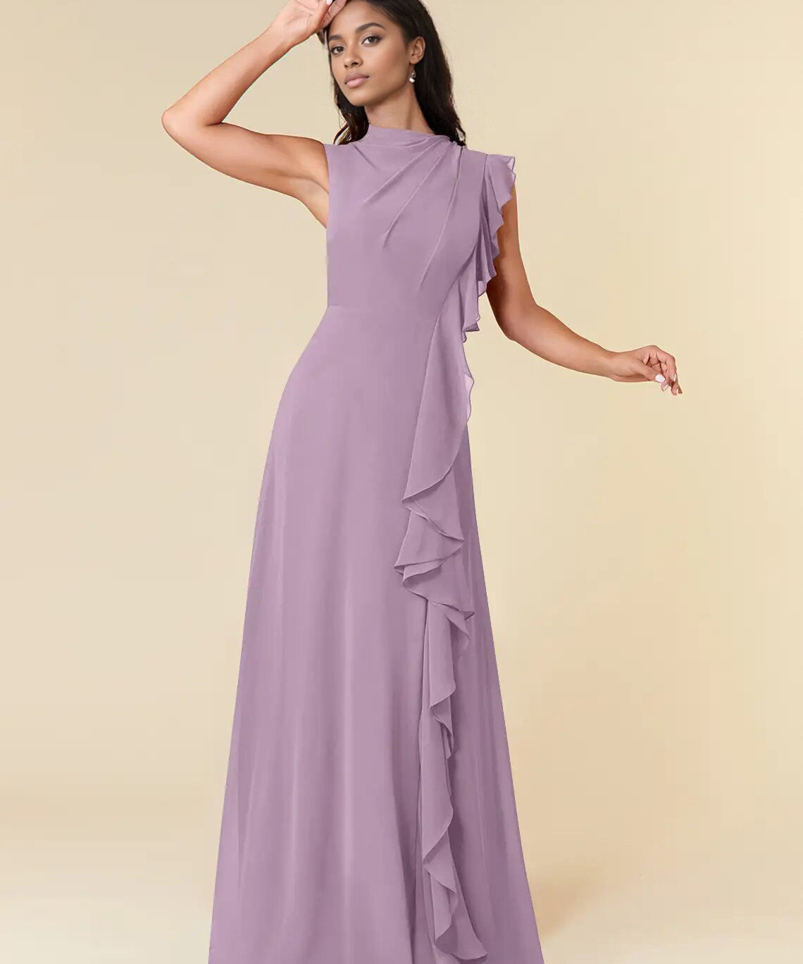 Augday A-Line High Neckline Pleated Chiffon Dress