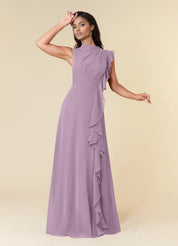 Augday A-Line High Neckline Pleated Chiffon Dress