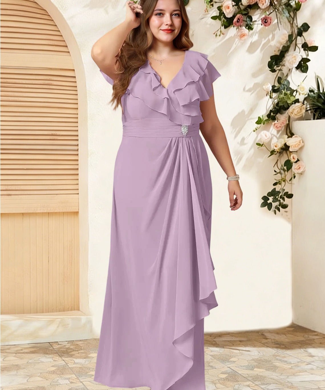 Augday Snapdragon A-Line V-Neck Ruched Chiffon Dress