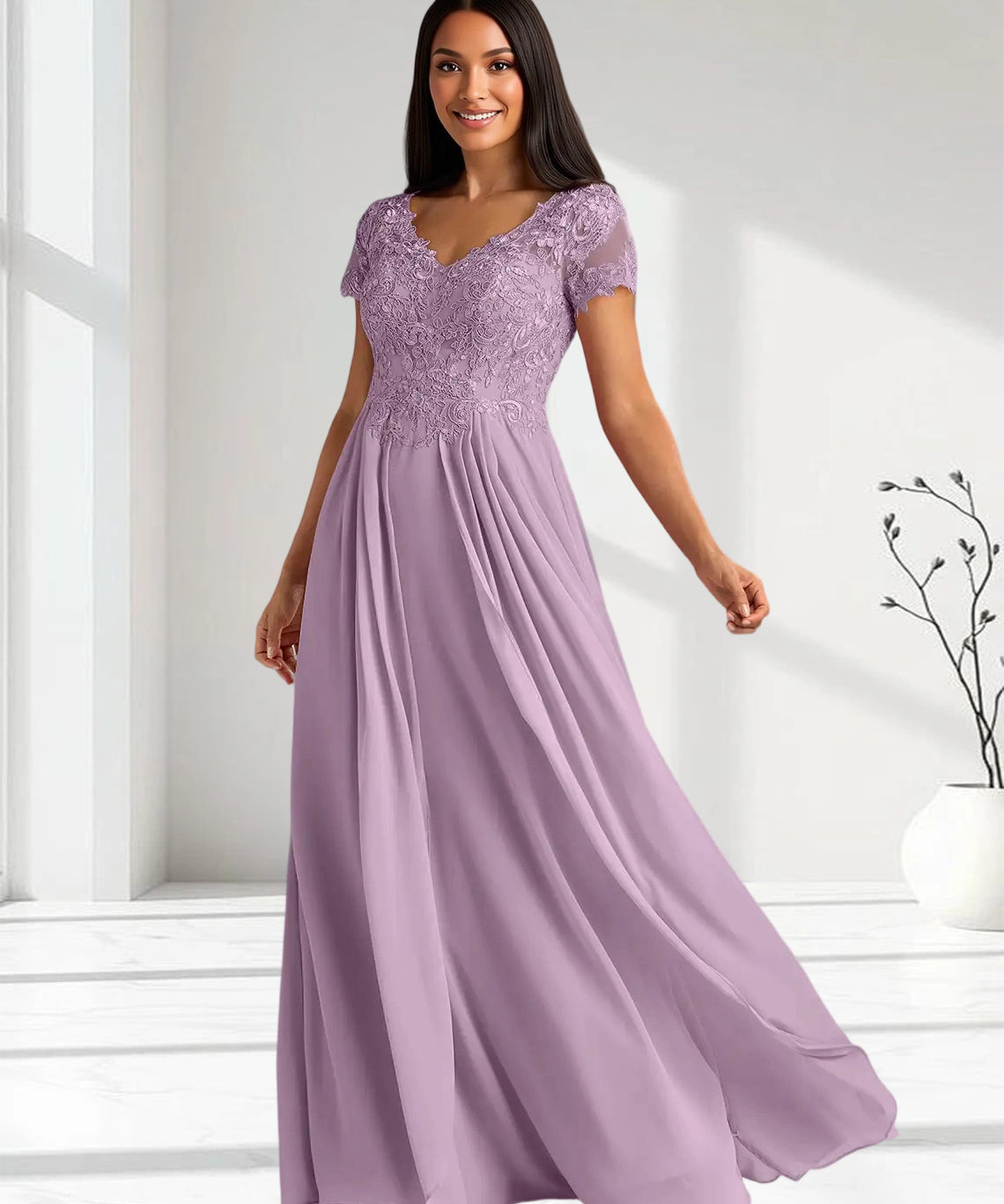 Augday Dunja A-Line V-Neck Lace Chiffon Dress