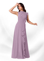 Augday Narine A-Line High Neckline Pleated Chiffon Dress