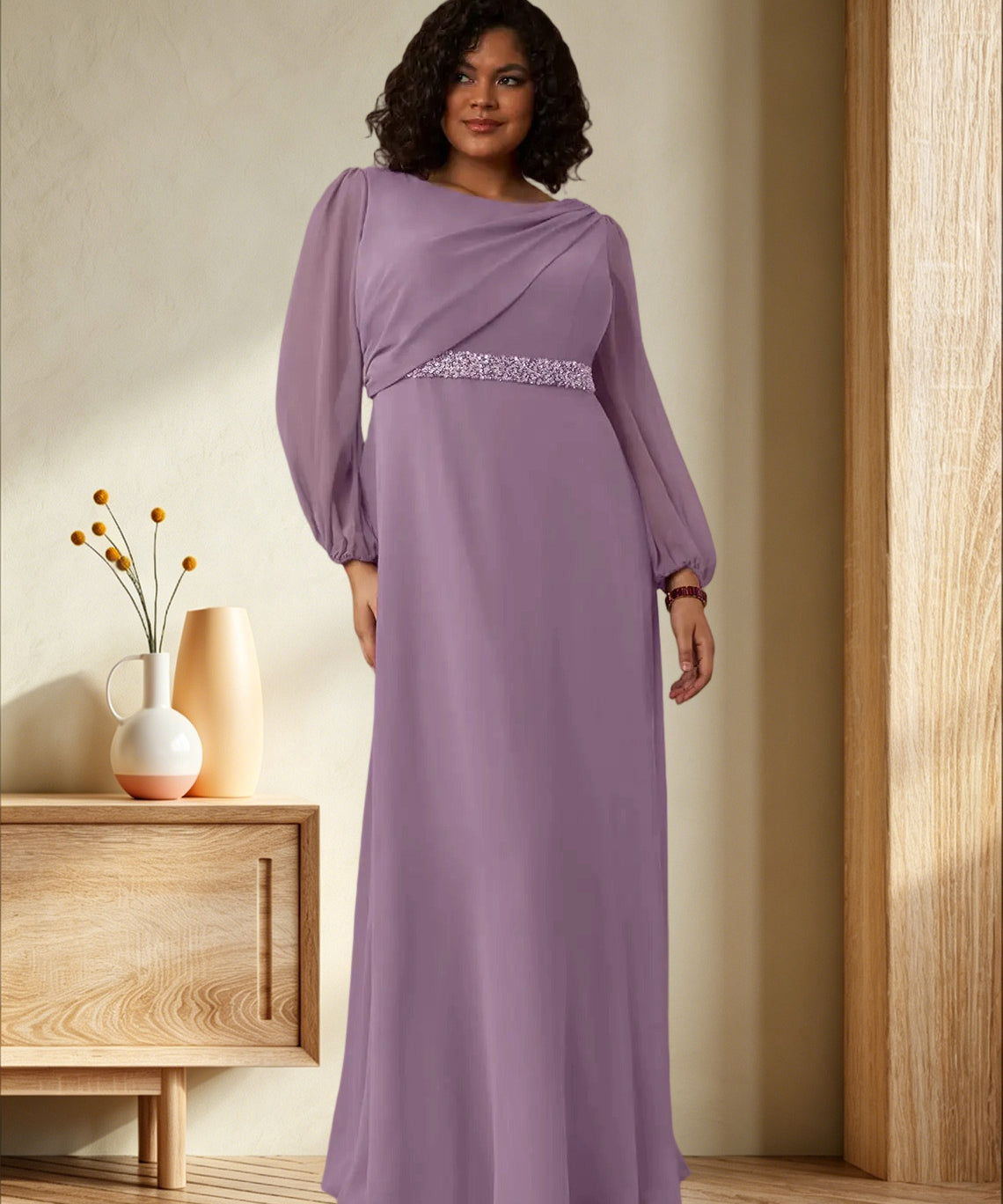 Augday Priyanka A-Line Boatneck Pleated Chiffon Dress