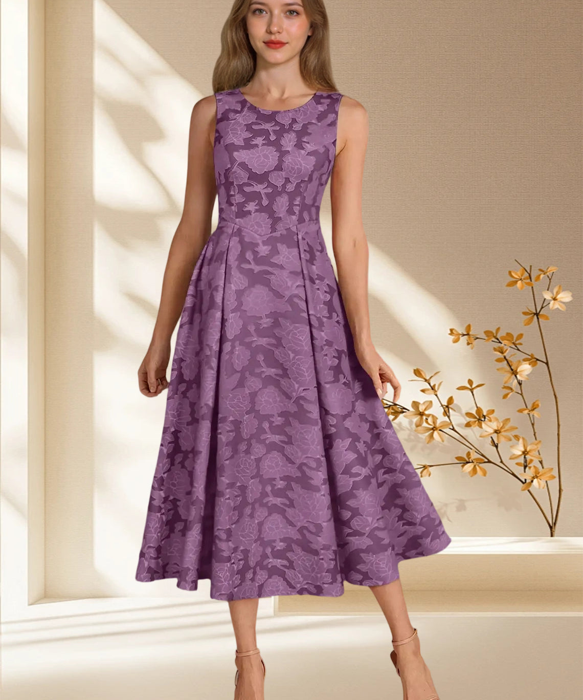 Augday Fulton A-Line Pleated Floral Burnout Dress