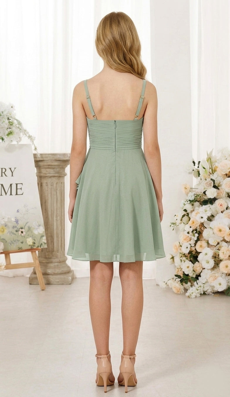 Augday Laly Girl Short Chiffon Flower Girl Dress for Wedding Spaghetti Straps Teens Formal Dresses