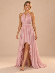 Augday Clara Halter Keyhole High-Low Pleated Chiffon Maxi Dress