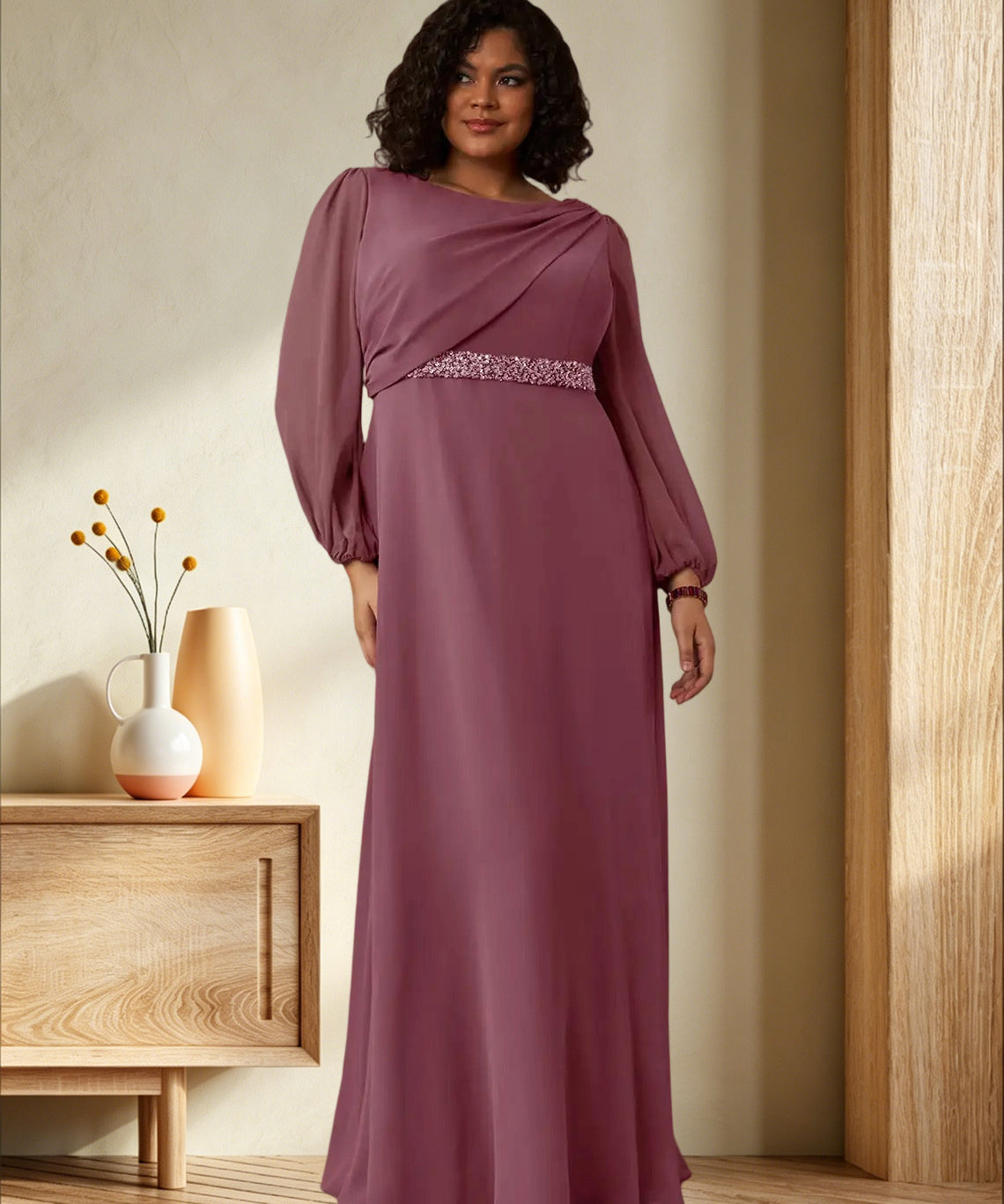 Augday Priyanka A-Line Boatneck Pleated Chiffon Dress