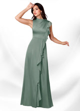 Augday Narine A-Line High Neckline Pleated Stretch Satin Dress
